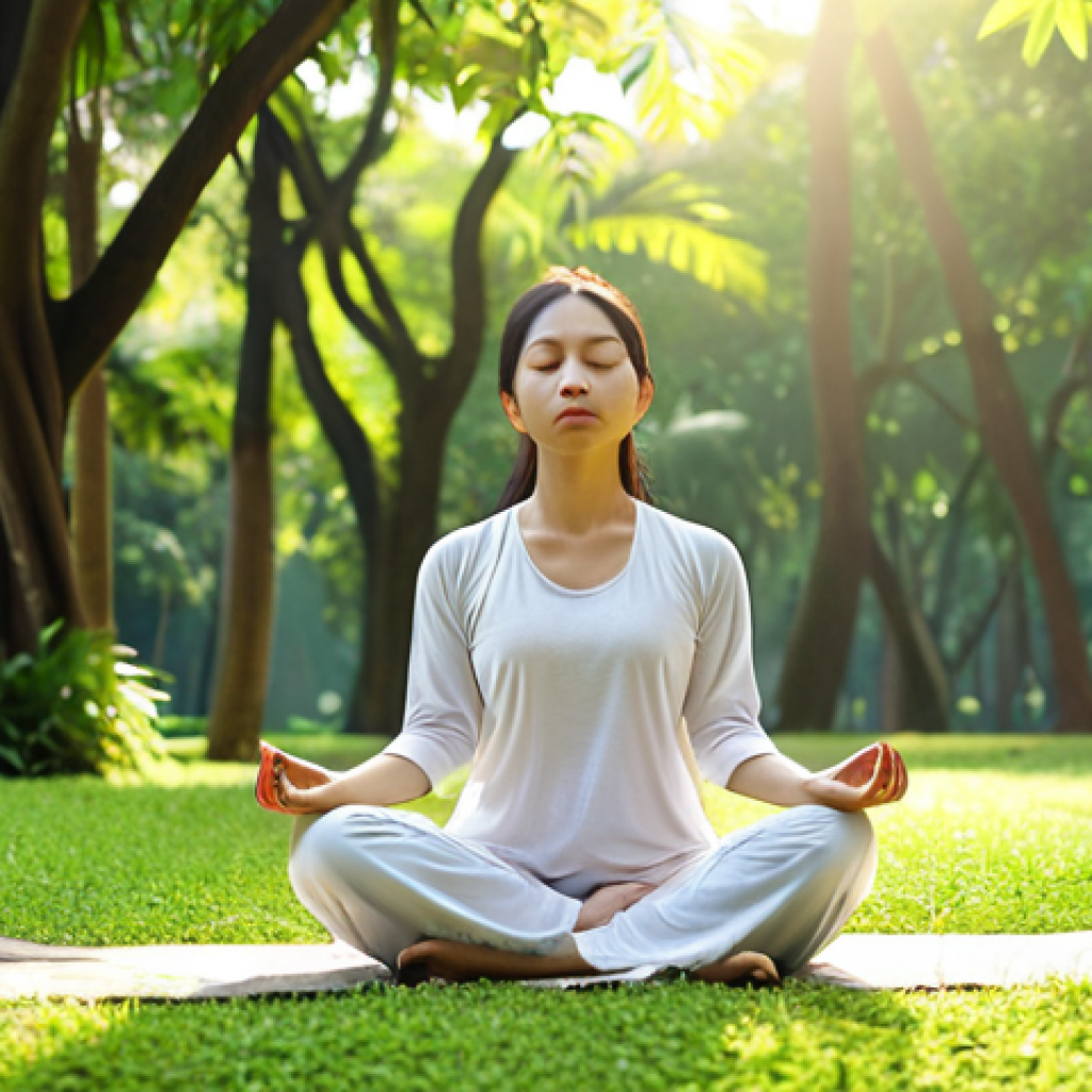 ** A serene Vietnamese woman meditating in a lush, green park early in the morning. Sunlight filters through the trees. She is practicing deep breathing techniques, with a calm and peaceful expression. Focus on the tranquility and self-care aspect.

**