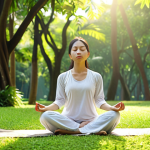 ** A serene Vietnamese woman meditating in a lush, green park early in the morning. Sunlight filters through the trees. She is practicing deep breathing techniques, with a calm and peaceful expression. Focus on the tranquility and self-care aspect.

**