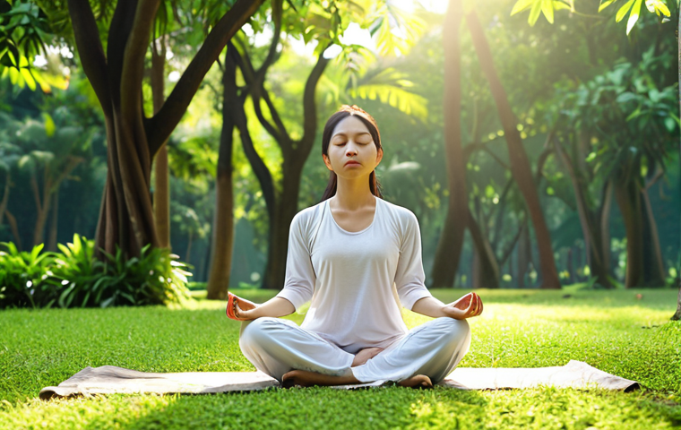 ** A serene Vietnamese woman meditating in a lush, green park early in the morning. Sunlight filters through the trees. She is practicing deep breathing techniques, with a calm and peaceful expression. Focus on the tranquility and self-care aspect.

**