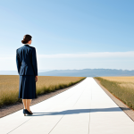 A resilient individual, fully clothed in professional, modest business attire, stands calmly yet determinedly on a gently rising path, symbolizing growth after challenges. The background is a serene, abstract landscape with soft, flowing lines and a clear sky, conveying a sense of peace and forward momentum. Their posture is confident and natural, facing towards the horizon. Perfect anatomy, correct proportions, natural pose, well-formed hands, proper finger count, natural body proportions. Safe for work, appropriate content, fully clothed, professional, family-friendly. High-quality professional photography, detailed, balanced composition.