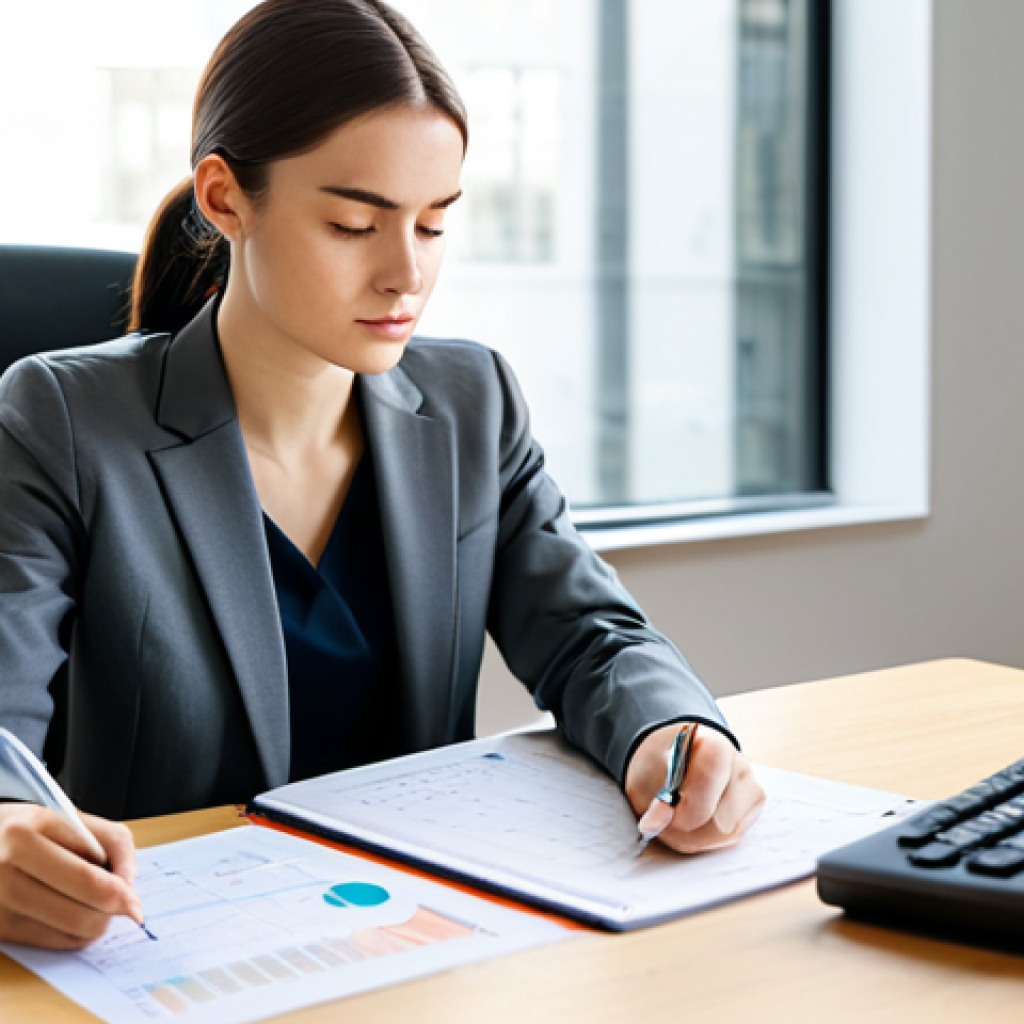 A professional young woman, dressed in a modest business suit, sits reflectively at a minimalist desk in a modern, sunlit office. She is reviewing charts and notes, her expression calm and focused, embodying a growth mindset and determination to learn from challenges. The setting is clean and inspiring. Fully clothed, appropriate attire, safe for work, perfect anatomy, correct proportions, natural pose, professional photography, high quality, family-friendly content.