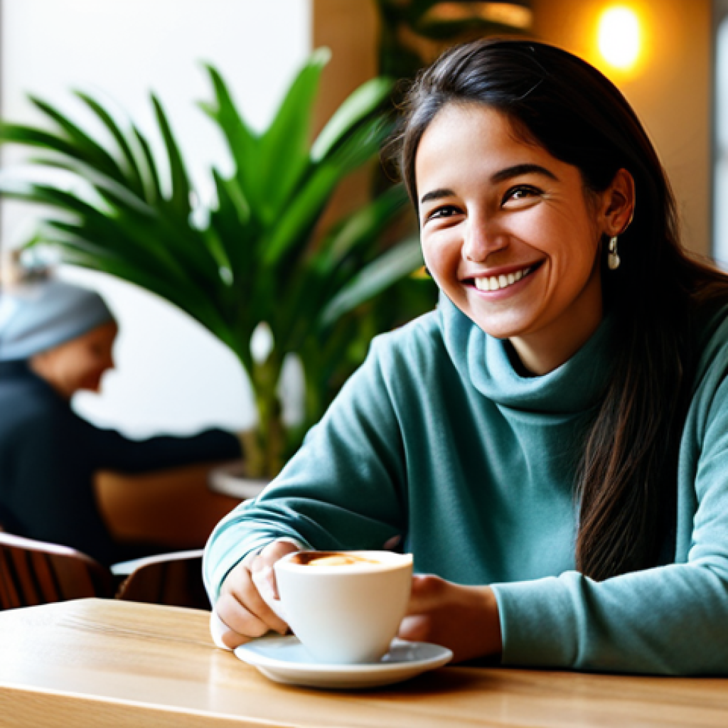 **
"A woman in modest, everyday clothing sits at a table in a cafe, smiling gently while enjoying a cup of coffee. Soft, natural lighting. Background includes potted plants and blurred cafe patrons. Focus on the joy of simple moments. Safe for work, appropriate content, fully clothed, family-friendly, professional, perfect anatomy, natural proportions, well-formed hands, proper finger count."
**