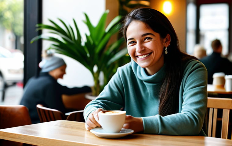 **
"A woman in modest, everyday clothing sits at a table in a cafe, smiling gently while enjoying a cup of coffee. Soft, natural lighting. Background includes potted plants and blurred cafe patrons. Focus on the joy of simple moments. Safe for work, appropriate content, fully clothed, family-friendly, professional, perfect anatomy, natural proportions, well-formed hands, proper finger count."
**