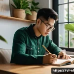 Home 21 좌절을 이해하는 인식 변화 훈련 - A thoughtful young Vietnamese professional sitting at a modern desk in a cozy home office, writing i...