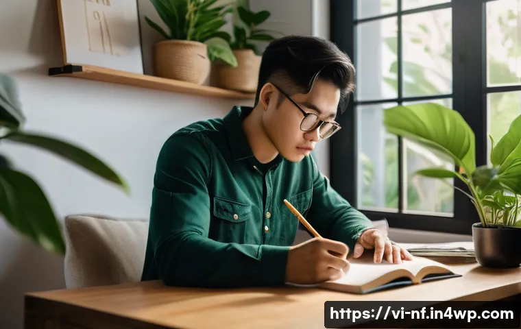 좌절을 이해하는 인식 변화 훈련 - A thoughtful young Vietnamese professional sitting at a modern desk in a cozy home office, writing i...
