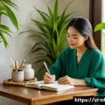 Home 20 좌절 감정의 원인과 대응 방법 - A serene Vietnamese woman in casual modern attire sitting peacefully in a cozy, sunlit corner of her...