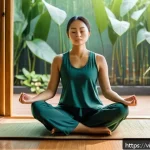 Home 19 좌절 내성을 높이는 전략적 계획 - A peaceful morning meditation scene featuring a Vietnamese woman in modest workout attire sitting cr...