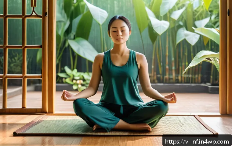 좌절 내성을 높이는 전략적 계획 - A peaceful morning meditation scene featuring a Vietnamese woman in modest workout attire sitting cr...