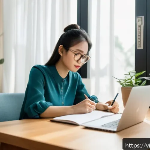 Home 17 좌절 내성을 강화하는 영상 강의 - A young Vietnamese professional woman sitting at a modern wooden desk in a bright home office, thoug...