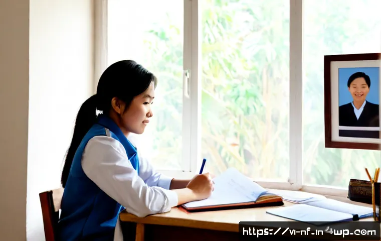 Home 17 좌절 내성을 높이는 롤모델 찾기 - Photorealistic Vietnamese university student in a simple casual outfit sitting at a tidy desk, thoug...